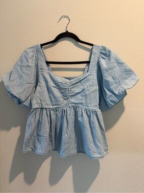 Old Navy Light Blue Square Neck Puff Sleeve Peplum Top